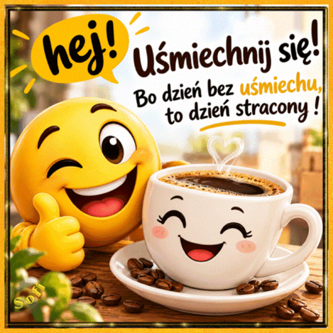 ��ty emoji z kciukiem w g�r� i fili�anka kawy z napisem U�miechnij si�