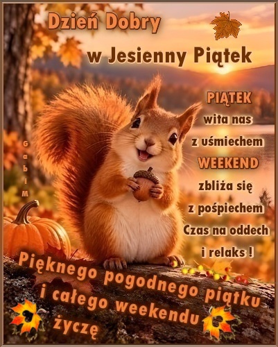 Ruda wiewiórka z żołędziem siedzi na pniu w jesiennym lesie, z napisem witającym piątek