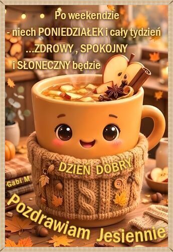Kubek z buźką w sweterku z napisem DZIEŃ DOBRY, jabłkiem, cynamonem i jesiennymi liśćmi