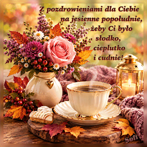 Fili�anka kawy, bukiet kwiat�w, ciasteczko w kszta�cie serca, latarenka i jesienne li�cie z napisem