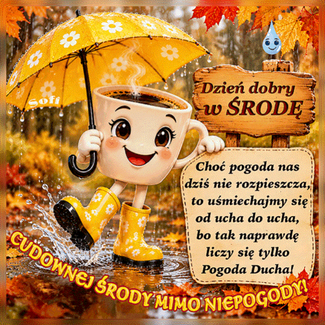 U�miechni�ta fili�anka w ��tych kaloszach i z parasolem, jesienne li�cie, deszcz i napisy