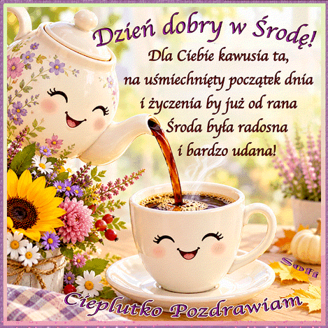 U�miechni�ty dzbanek w kwiaty nalewa kaw� do fili�anki, obok bukiet kwiat�w i napis