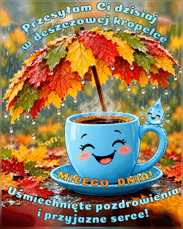 Niebieski kubek z kaw� i parasol z kolorowych li�ci w deszczowy jesienny dzie�