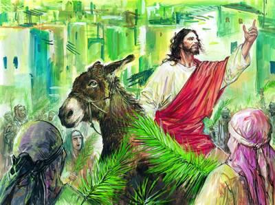 Jezus w czerwonym p�aszczu jedzie na osio�ku, pozdrawiaj�c t�um z palmami w zielonym pejza�u